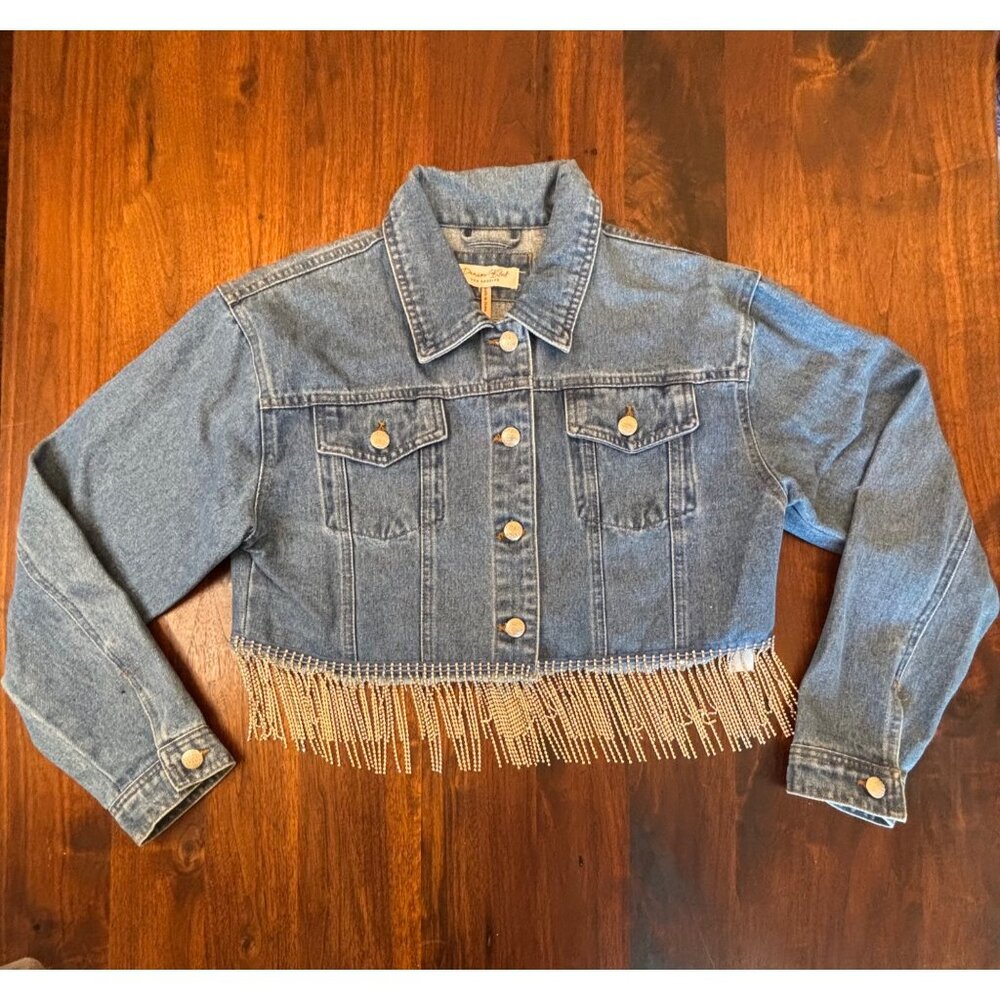 Denim Blvd Rhinestone Fringe Hem Cropped Denim Jacket